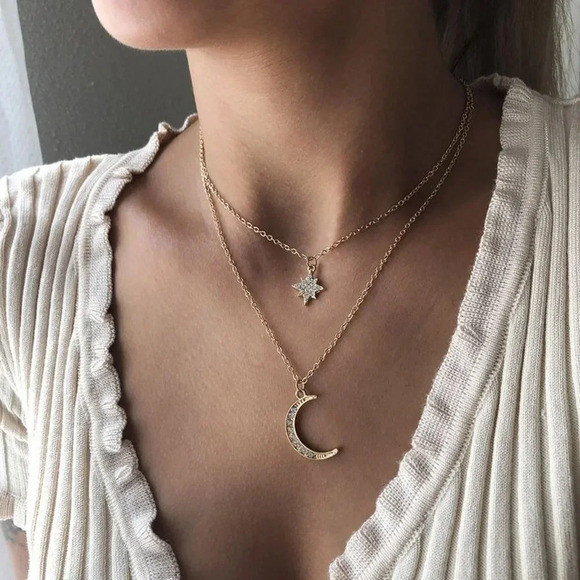 Dainty Layer Boho Gold Moon Star Necklace - Picture 1 of 5